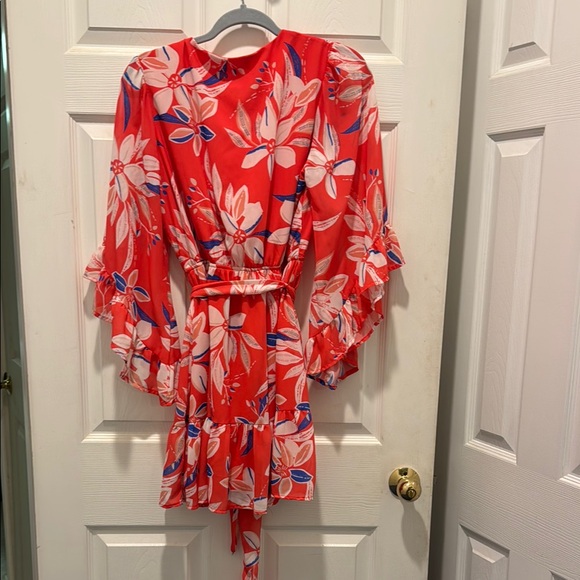 Pink Lily Floral Mini Dress - Red and White - Picture 7 of 11